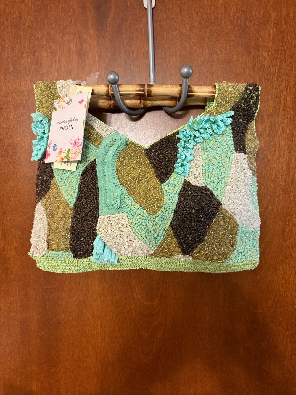 New handcrafted Green Beaded Bamboo Top-Handle Clutch